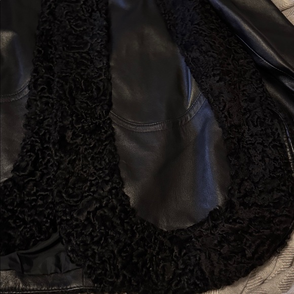 Black lamb fur trim lambskin leather coat L - Picture 6 of 12